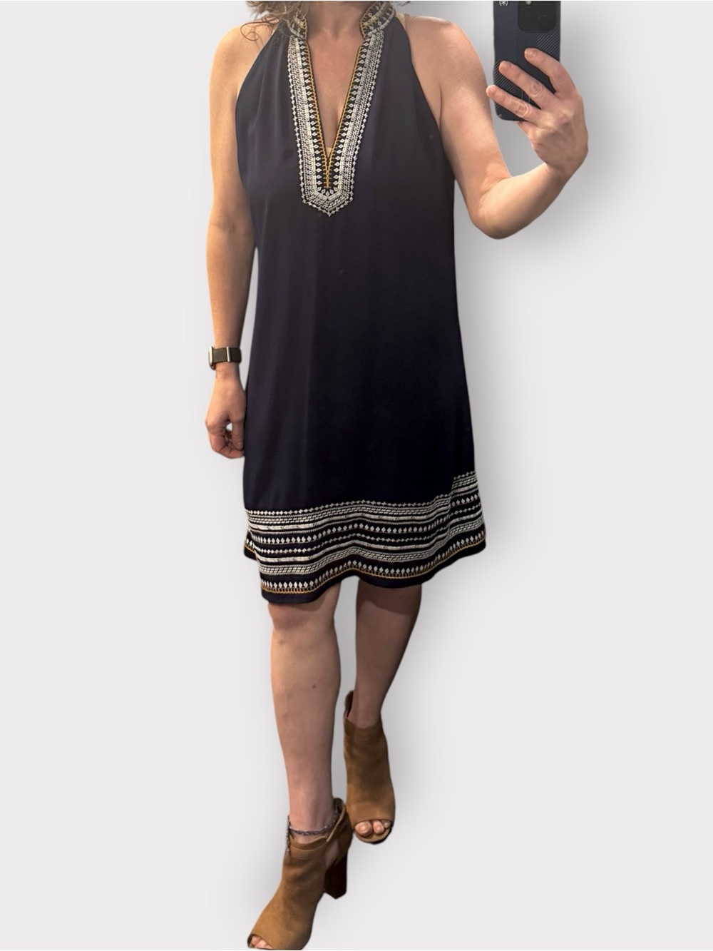 THML Navy Halter Dress with Gold & White Embroidery